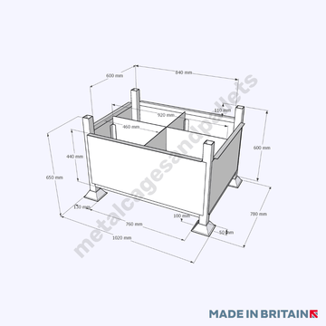 Technical drawing of metal stillage with solid sides and removable internal partitions.
